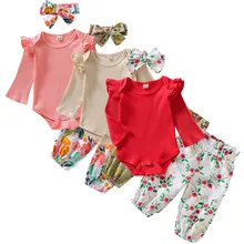 Одежда для новорожденных девочек; сезон осень; цветочный принт; зимняя одежда для малышей; Модный Прочный Комбинезон с оборками; боди; штаны; повязка на голову; L827