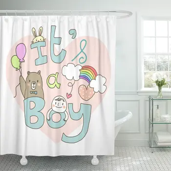 

Baby Announcement with Cute Boy and Teddy Bear Holding Balloons Hearts Rainbow Rabbit to Celebrate Good Shower Curtain Polyester