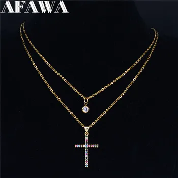 

2pcs Stainless Steel Zircon Copper Cross Necklaces Women Gold Color Layered Necklaces & Pendants Jewelry colgante NC13S0