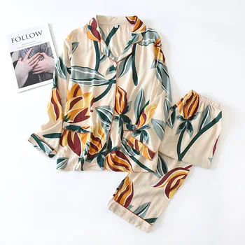 

Printed Leaves Female Sexy 2PCS Sleepwear Set Loose Casual Pajams Suit With Long Sleeve Turn-down Collar Pijamas Home Wear