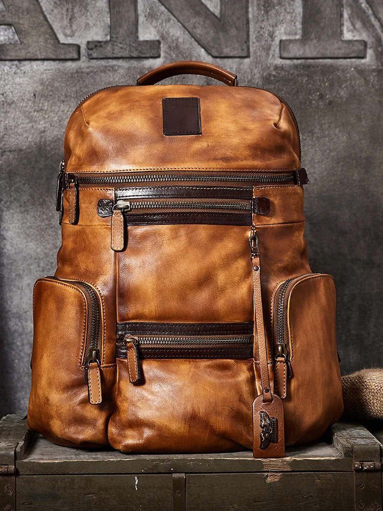 

Handwork vegetable tanned Cow Real Leather Men's Backpack Travel Bag Man Large Capacity Teenager Male Mochila Laptop Backpacks