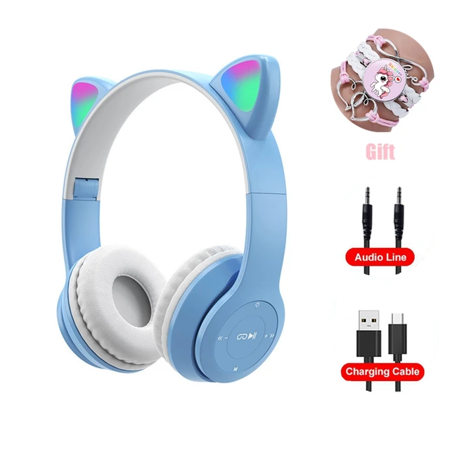Pink Girl Wireless Headphones RGB Cute Cat Ears Headset With Microphone Noise Cancelling Kid Stereo Music casco Children's Gifts Blue Set