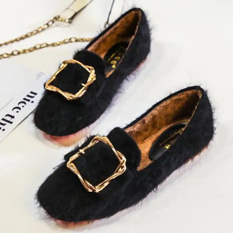 

Woman Flats Winter Fur Slip On Women Fleece Shoe Metal Buckle Square Toe Comfortable Warm Plush Shoes Female Moccasin Fur Boots