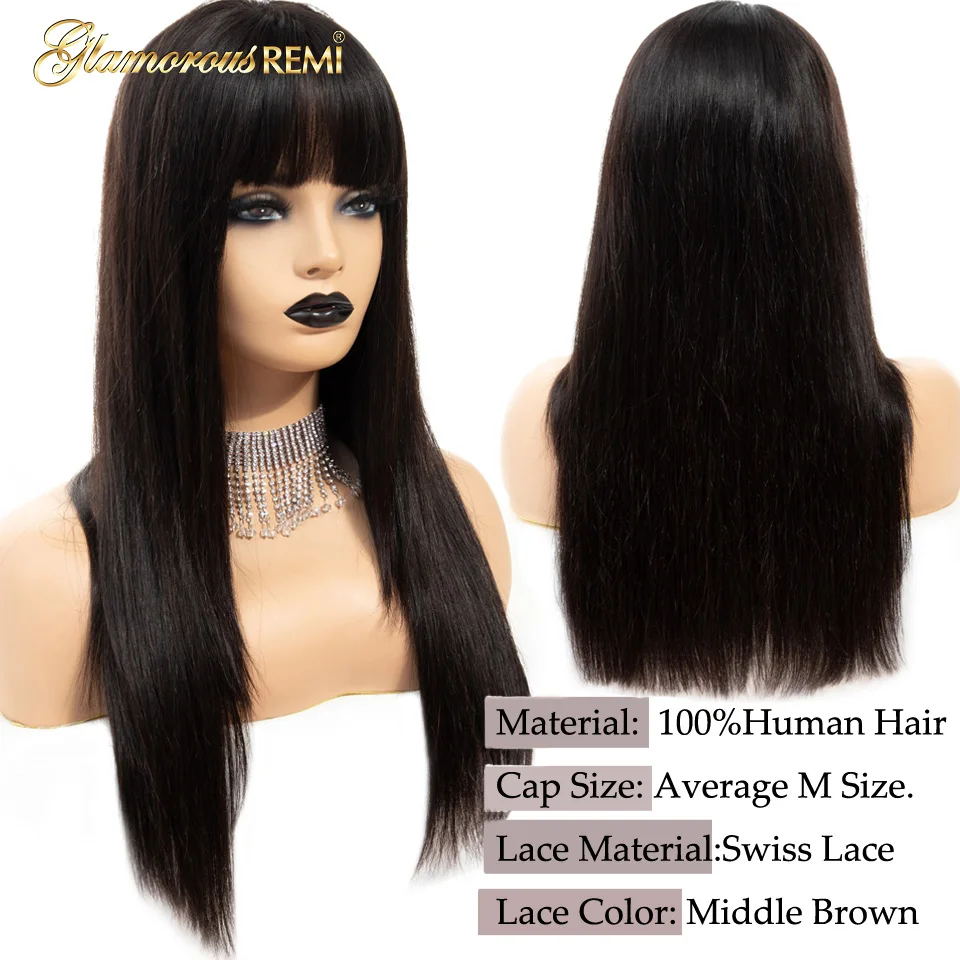 Glamorousremi, малазийские прямые парики на кружеве с челкой, 150% плотность, человеческие волосы remy, предварительно выщипанные бесклеевые парики на кружеве