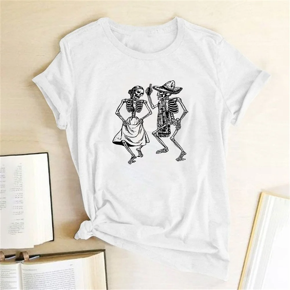 Женская футболка с черепом в стиле панк-рок и изображением скелета для хеллоуина, Женская забавная футболка Kawaii с коротким рукавом, Camisetas Mujer - Цвет: WH