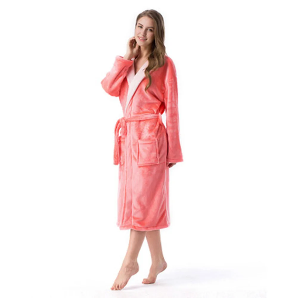 

LISN 2019 men and women couple color matching flannel robe hot spring white collar coral fleece bathrobe super soft large size