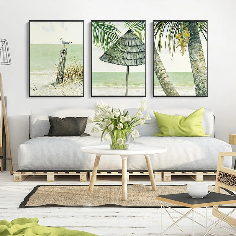 Coconut Palm Tree Green Beach Sea Umbrella Wall Art Canvas Painting Nordic Poster And Prints Wall Pictures For Living Room Decor