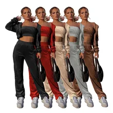 

Casaul Women 3 Piece Set Crop Tank Top + Coat + Long Pants Solid Color Sportsuit Matching Suit Clothes For Women Outfit