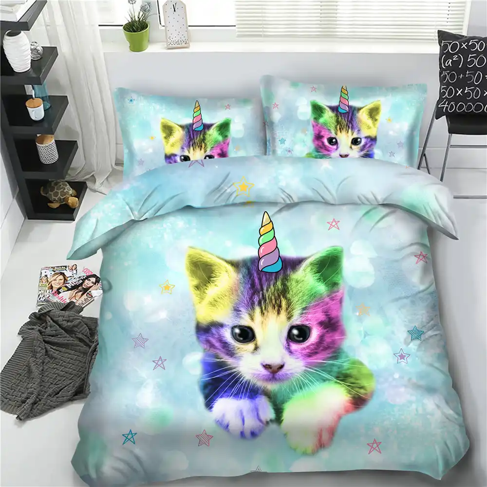 ギフトのためのかわいい虹ユニコーン子猫寝具セットシングルサイズ 4 6 個キティ布団カバースーパーキング 3d 子供シーツ大人 Bedding Sets Aliexpress