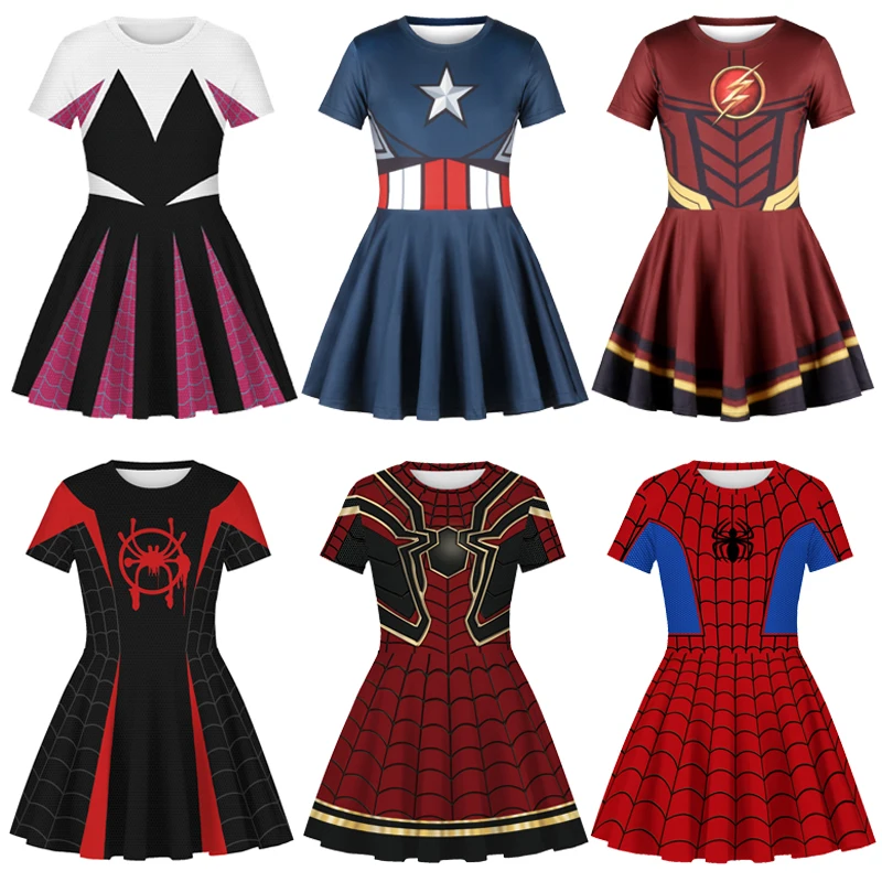 Платье для девочек от 7 до 12 лет с человеком-пауком тонкое стильное летнее праздничное платье принцессы из полиэстера с изображением Капитана Америки одежда для детей