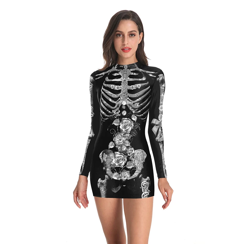 Страшный костюм для Хэллоуина, винтажное платье, скелет, забавный коcтюм с длинными рукавами, боди, 3D принт, обтягивающие черепа, косплей, мини-платья