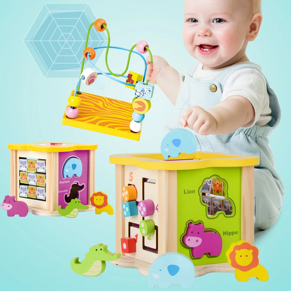 

6 in 1 Wooden Building Blocks Toy Activity Cube Bead Maze Multi-purpose Educational Toy for Kids To Promote Brain Development