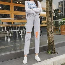 Винтажные потертые джинсы для девочек с дырками и высокой талией, хлопковые тонкие джинсы, весенний дизайн