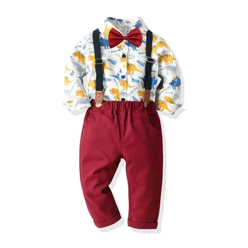 

Baby Newborn Toddler Boy Undershirts Clothes Set Dinosaur Romper + Red Pants with Straps Red Trousers