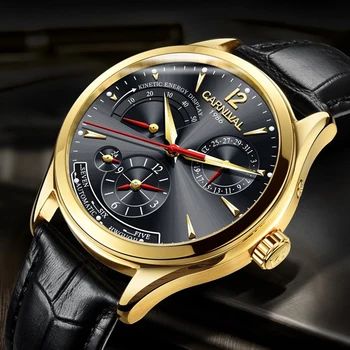 

KARNEVAL Zweite zeit zone kinetische energie display Uhr Männer Sapphire Automatische Mechanische Uhren Mann Uhr Leder Wasserdic