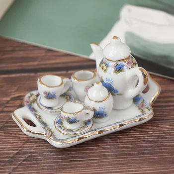 

8Pcs Dollhouse Miniature Dining Ware Porcelain Tea Set Dish Cup Plate -White Purple Flower Pattern