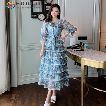 

EDGLuLu Vintage Print Boho Dress Bohemian Beach Casual Women V-neck Lace-up Long Sleeve Cascading Ruffle Long Dress 0912