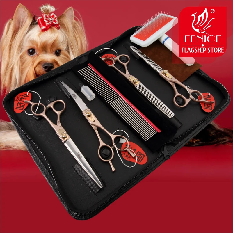 Fenice Dog Scissors Set Straight&Thinning&Curved Pet Grooming Scissors Kits Bichon Teddy Bomei Dog Grooming Shears Set Tool Set