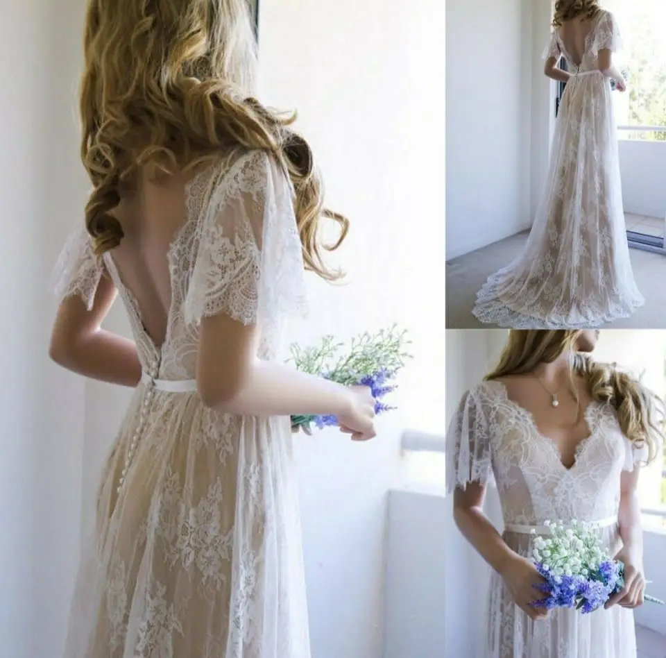 

Vintage Customized A-Line V-Neck Long Tulle Lace Wedding Dresses with Sleeves Zipper Back Floor Length Bridal Gowns for Women