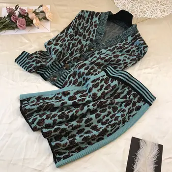 

Long Sleeve V-neck Leopard Striped Cuffs Thin Knit Cardigan A Word Skirt Woman Suit Casual Fashion 2019 Autumn New