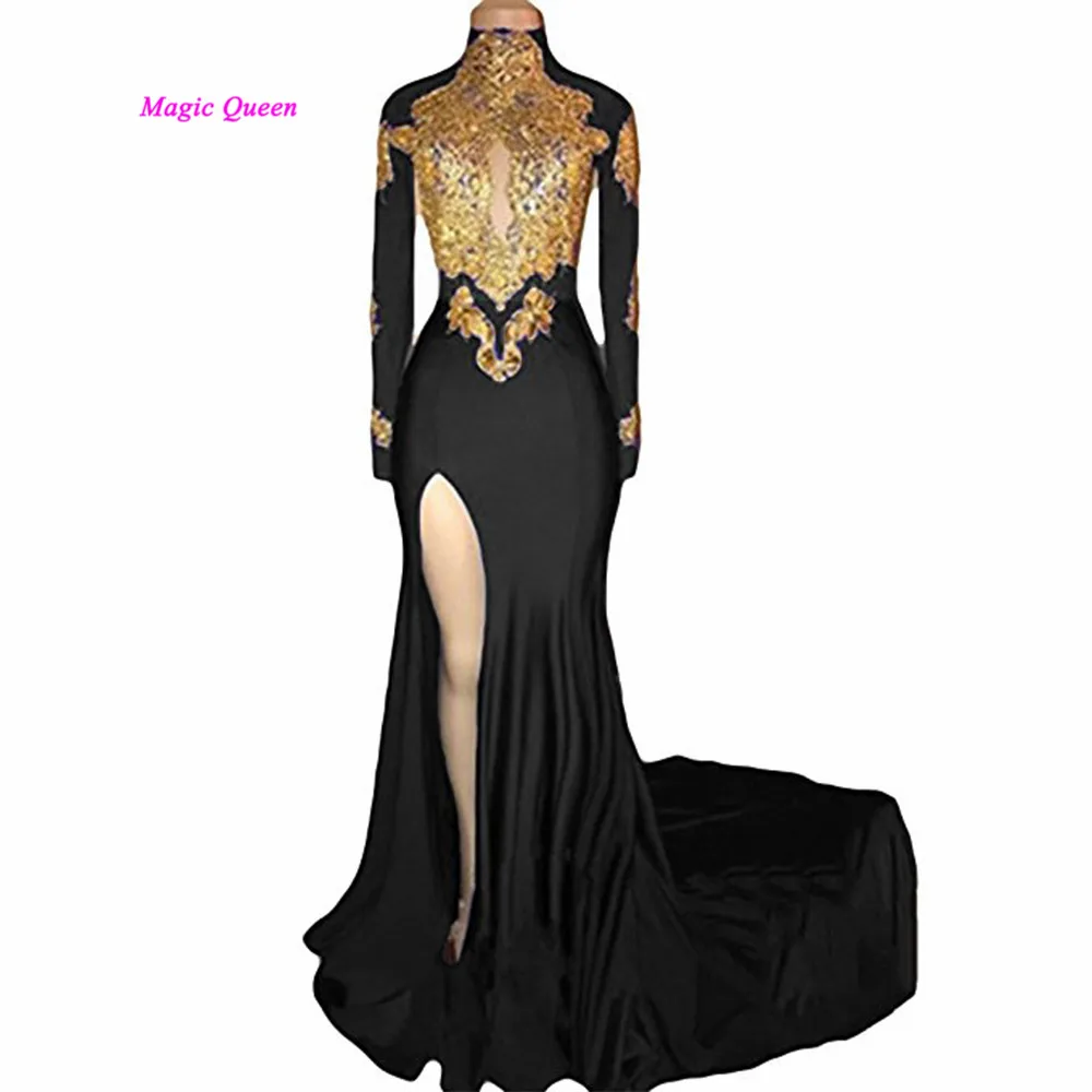 Avondroyal Blue Black Gold Lace мусульманский с высокой шеей вечерние платья длинным рукавом