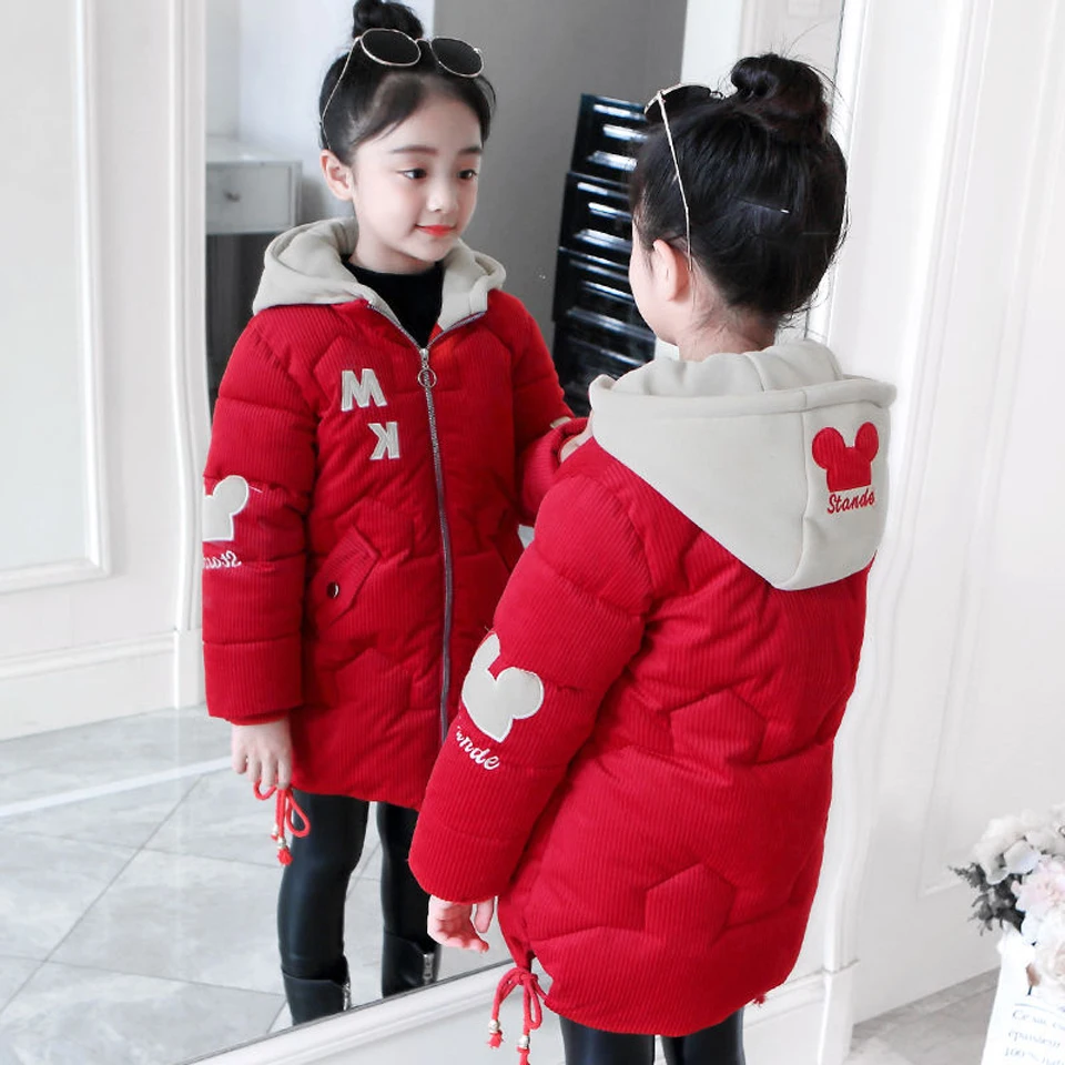 Одежда для девочек теплый пуховик для девочки, одежда Длинная зимняя утепленная парка детская верхняя одежда с капюшоном, пальто для детей 6, 8, 10, 12 лет - Цвет: Красный