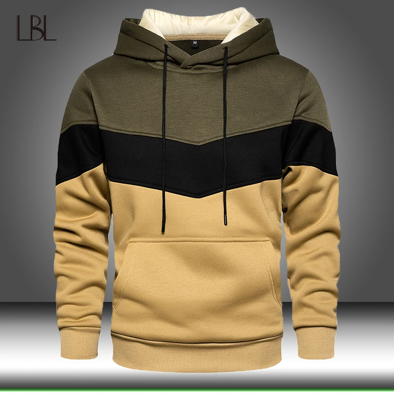 Pullover Hoody Sweatshirts Streetwear Male Winter Casual Long-Sleeve Patchwork Warm Autumn