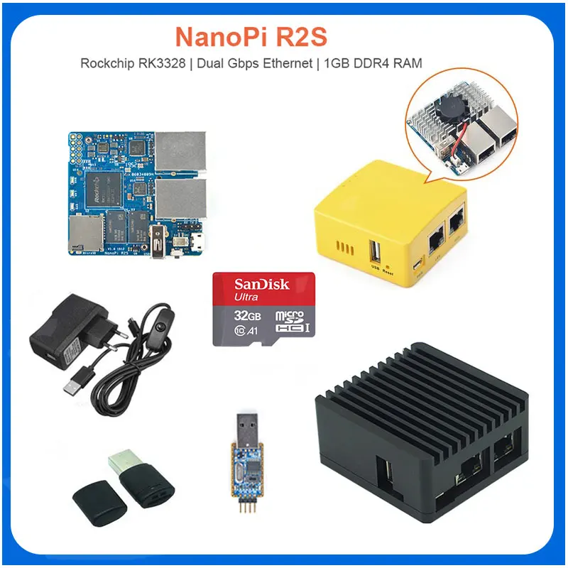 Мини-роутер NanoPi R2S OpenWrt RK3328 двойной гигабитный порт 1 Гб большой памяти карта 32 ГБ +
