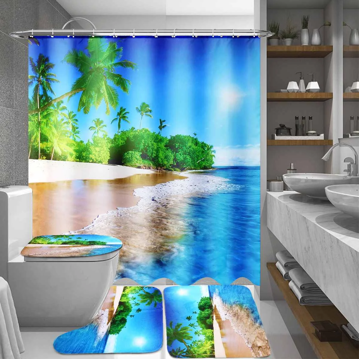 

Bathroom Waterproof Tropical Palms Trees on Island Shower Curtain Pedestal Rug Lid Toilet Cover Bath Mat Set Polyester w/Hooks