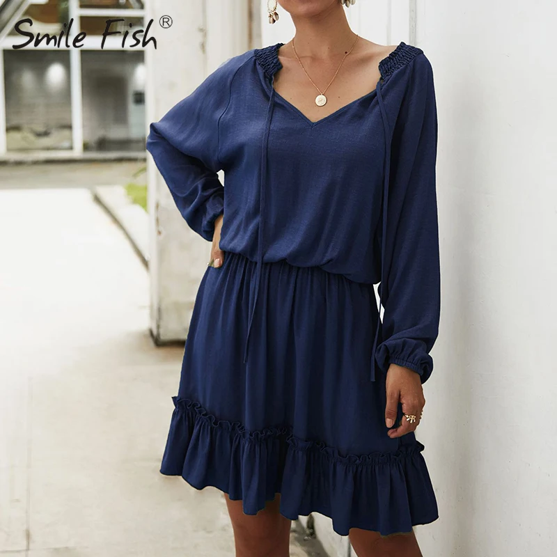 Tanie Kobiety sukienka Ruffles Kawaii śliczne dziewczyny jednolity kolor, długi rękaw, dekolt v Mini sukienki a line jesień zima Casual Ropa Mujer ubrania GV824