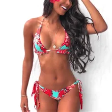 floral ruffle lace up bikini