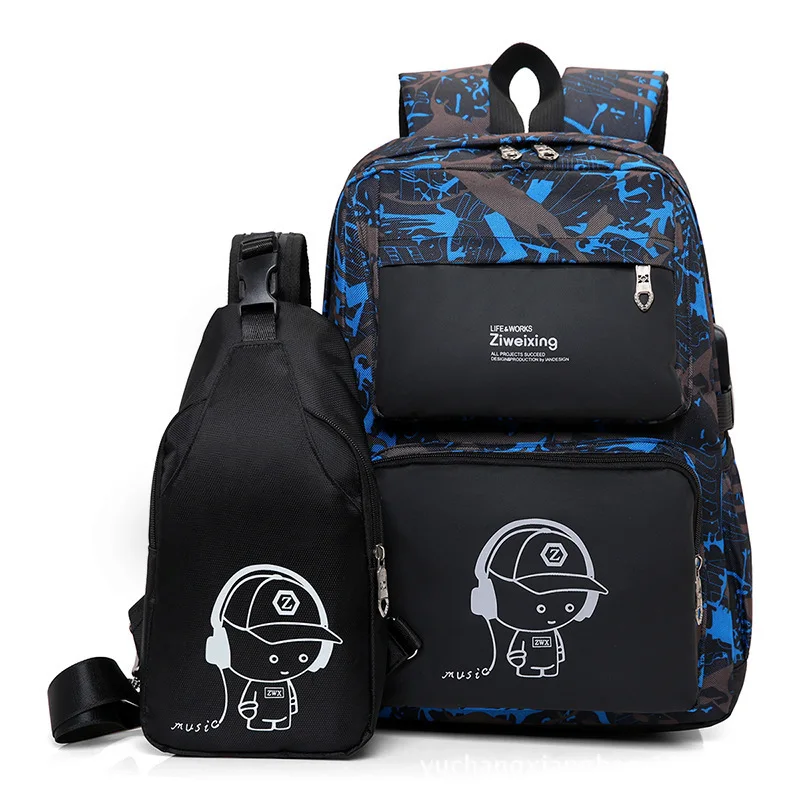 

new music prince luminous usb charging backpack backpack bag two-piece a students undertakes Male Backpack Set for Boys Bag