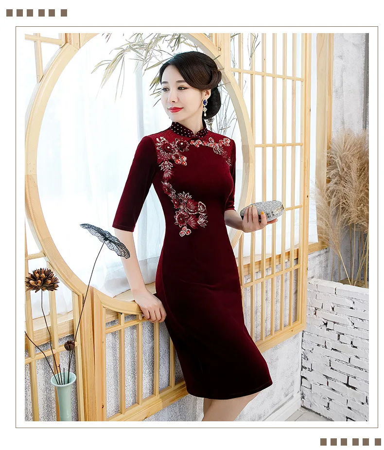 Вышивка ручной работы бисером китайский женский сексуальный велюр Cheongsam Осень Vestidos бархат Qipao платье