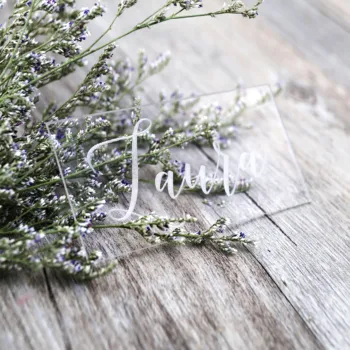 

White gold printing,Custom Clear Acrylic Rectangle Square table Place Cards , wedding name place setting for guest, decoration