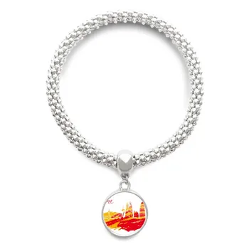 

City Silhouette Red Yellow Barcelona Sliver Bracelet Round Pendant Jewelry Chain