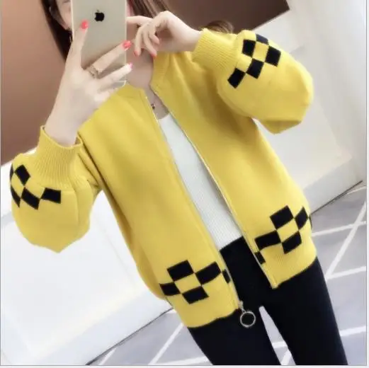 Yellow Кардиган на молнии, женский свитер, Осень-зима, корейский свитер с длинным рукавом, кардиган, Женский вязаный жакет, пальто, Pull Femme H298 - Цвет: Yellow