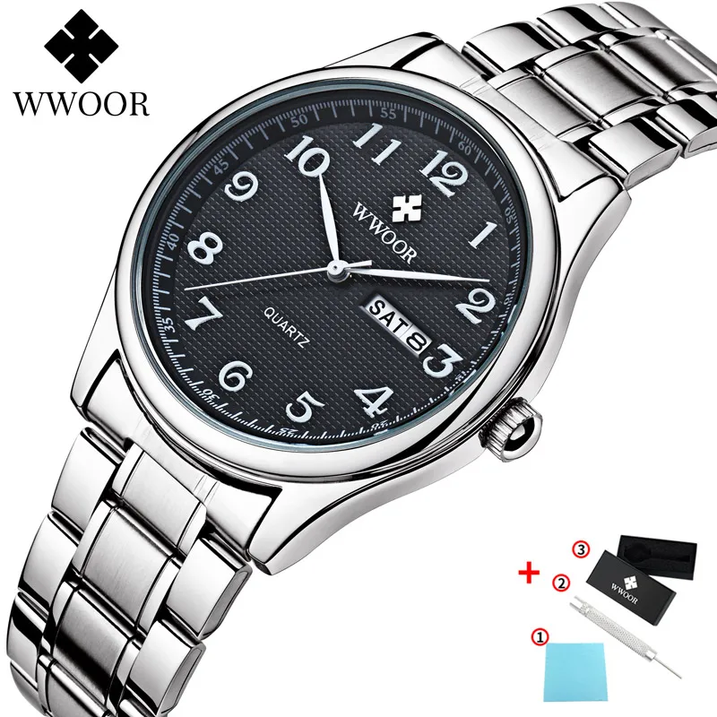 Relogio Masculino,, WWOOR, Топ бренд, Роскошные мужские часы, дата, мужские спортивные часы, мужские кварцевые часы из нержавеющей стали, повседневные наручные часы