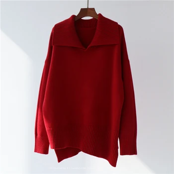 

large turn-down collar irregular knitted women sweaters and pullovers solid loose winter new thicken warm lady elegant pulls top