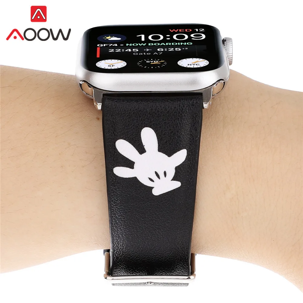 Мультфильм кожаный ремешок для наручных часов Apple Watch 38 мм, 42 мм, 40 мм 44 Микки рисунок «Hello Kitty», сменный ремешок для наручных часов, ремешок