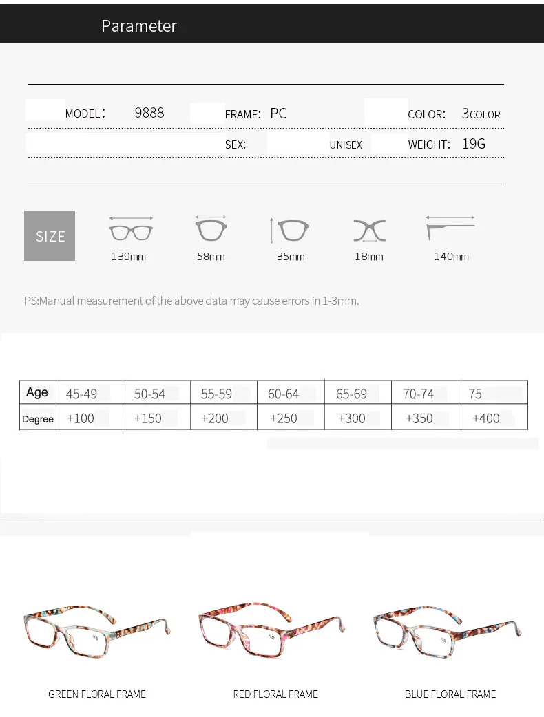 Rectangular Glasses Frame Reading Female Men Women Presbyopia Anti-blue Light Glasses Diopter Hyperopia Prescription Glasses