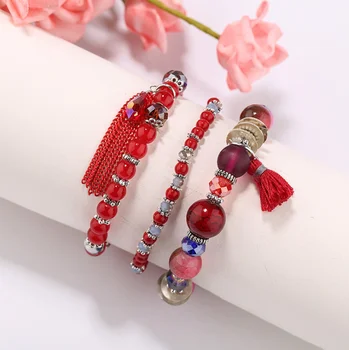 

3pcs/set Handcraft Boutique Fashion Multilayer Crystal Stone Beads Strand Bracelets Bangles Pulseras Womens Boho Mujer Tassel