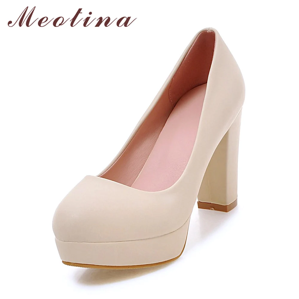 Meotina Shoes Women Platform High Heels Pumps Round Toe Block Heel Shoes Female Dress Footwear Spring White Pink Big Size 33-43