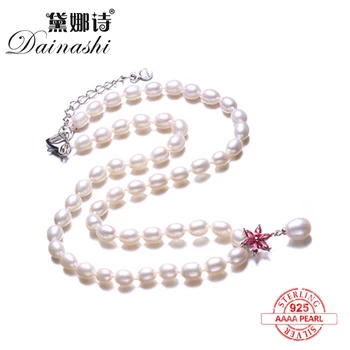

Real 925 Sterling Silver Necklace,White Natural Freshwater Pearl Women Jewelry Necklace,Red Flower Zircon Beads Jewelry Necklace