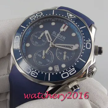 

41mm Quartz men's Watch Sapphire bliger Chronograph Date Blue dial Rubber Strap