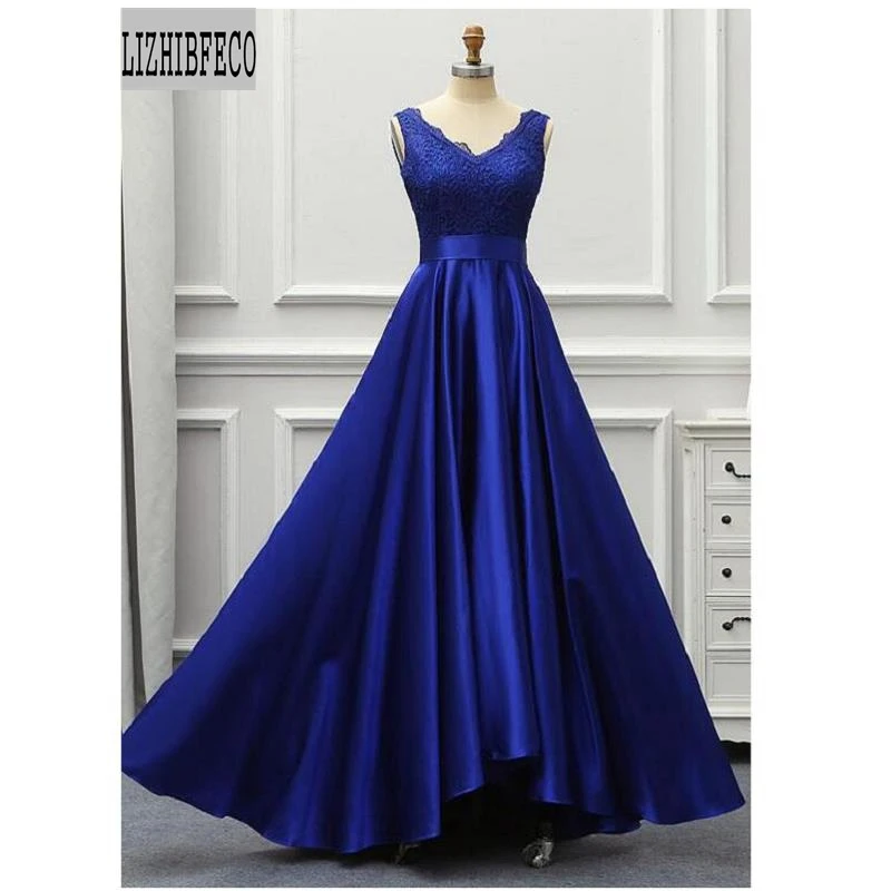 

Royal Blue Satin Lace Sleeveless V-Neck Floor-Length A-line Mother of the bride Custom made