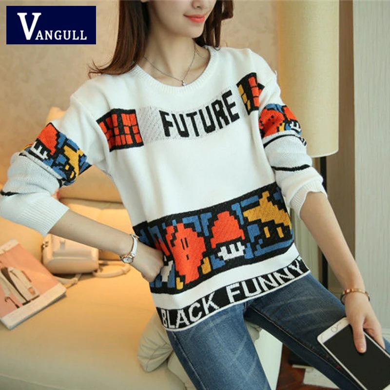 Vangull Letter Print Sweater Preppy Style Knitted Pullovers 2019 Autumn Fashion Long Sleeve O-Neck Women Sweaters and Pullovers