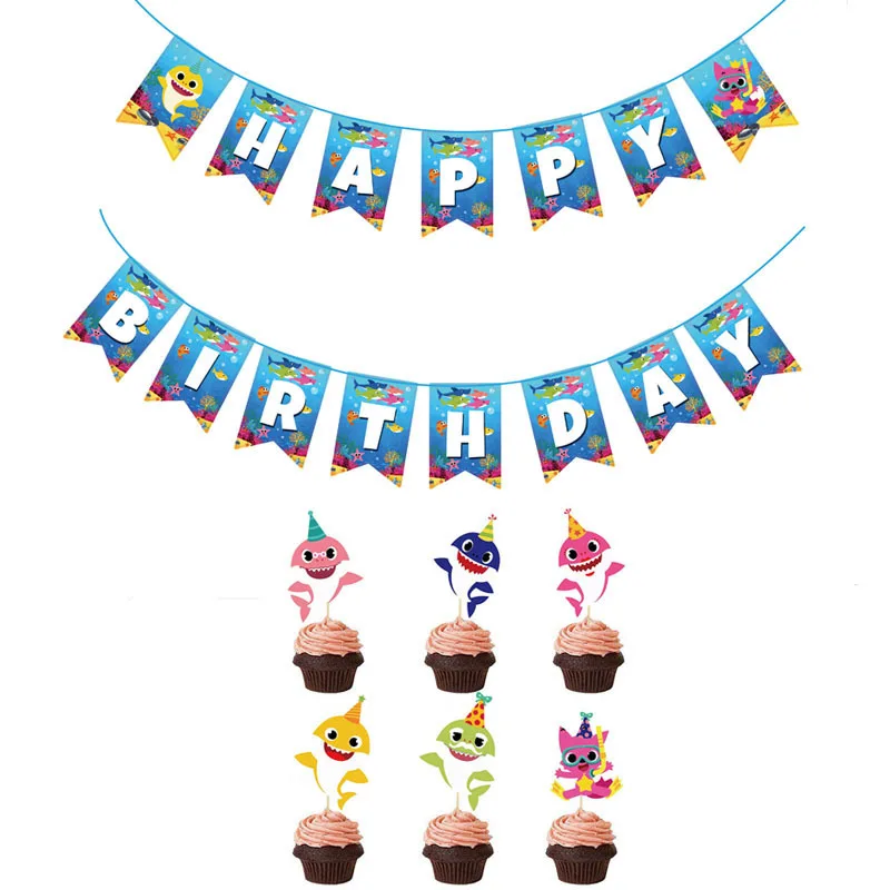 

Children happy birthday baby sharks letters pull flag baby 'shark cake inserted card shark theme party banner