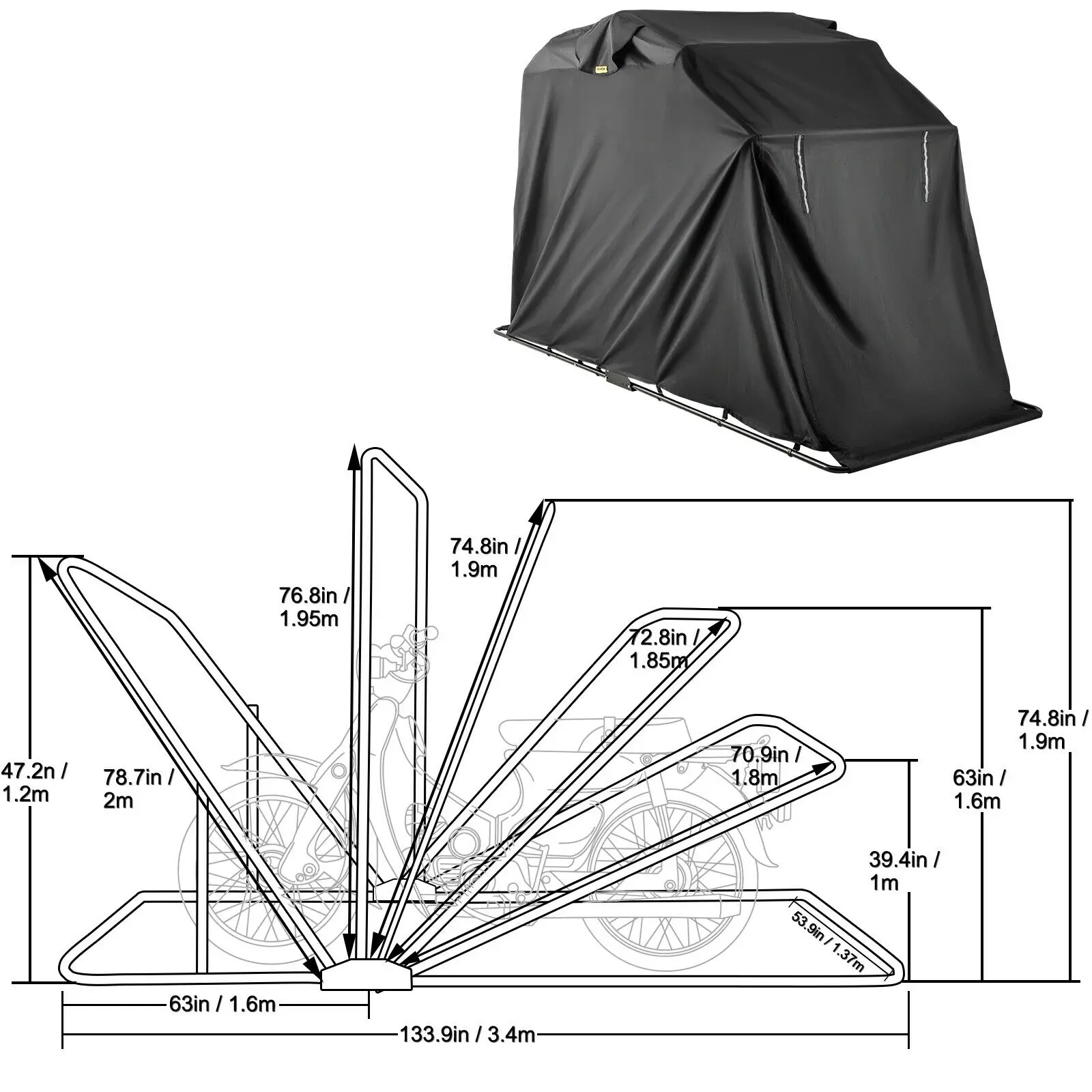 VEVOR Motorradabdeckung 600D Motorradgarage Oxford Rollabdeckung wasserdicht, schwarz, Extra Groß