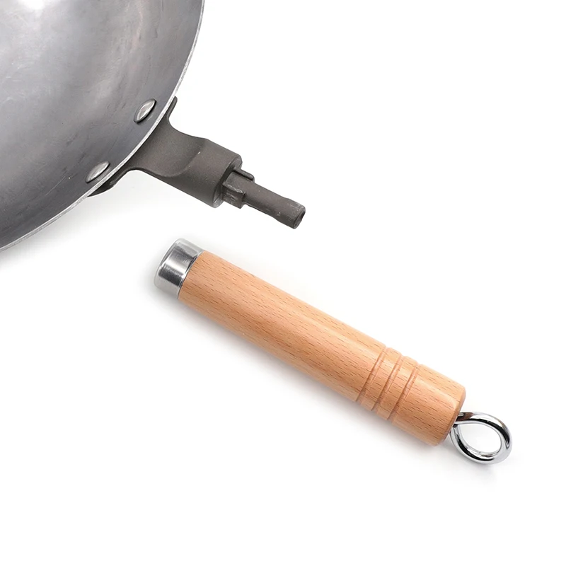 Traditional hand hammered carbon steel pow wok with wooden and steel helper handle, round bottom
