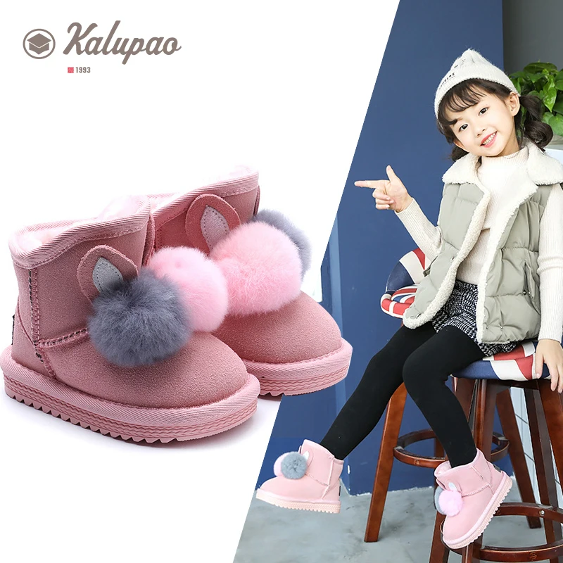 

Kalupao Girl Shoe Winter Girls Boots Pink Rabbit Rubber Boot with Fur Kids Genuine Leather Flat with Ankle Boots Boots for Girls